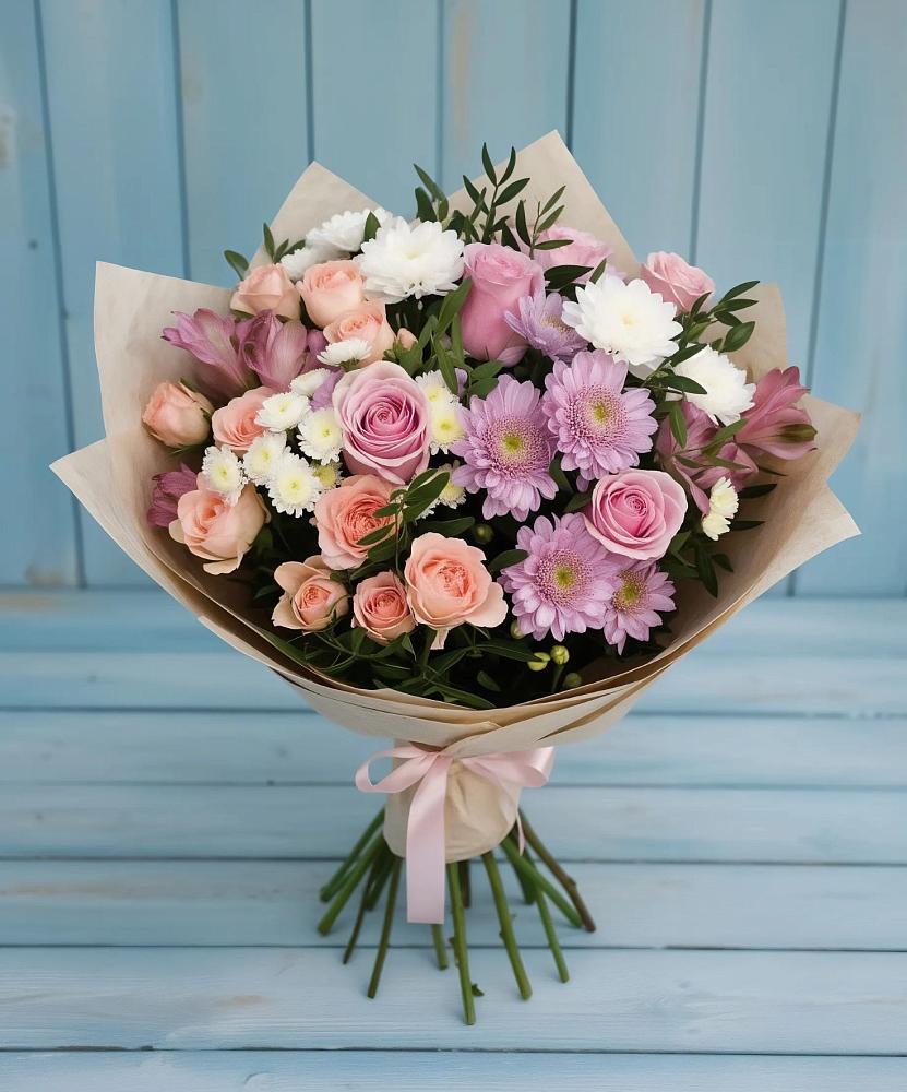 Букет цветов из: Хризантемы, Розы и Альстромерии в Вохринке