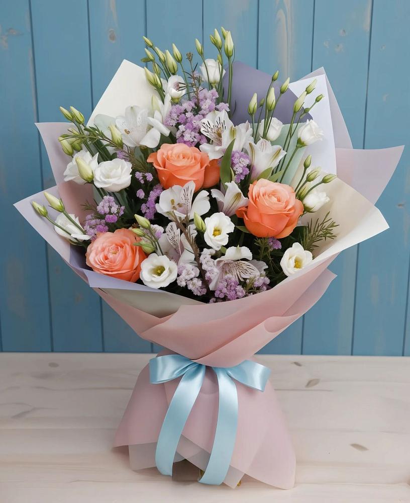 Букет цветов из: Лизиантусы, Розы, Альстромерии и Гипсофила в Вохринке